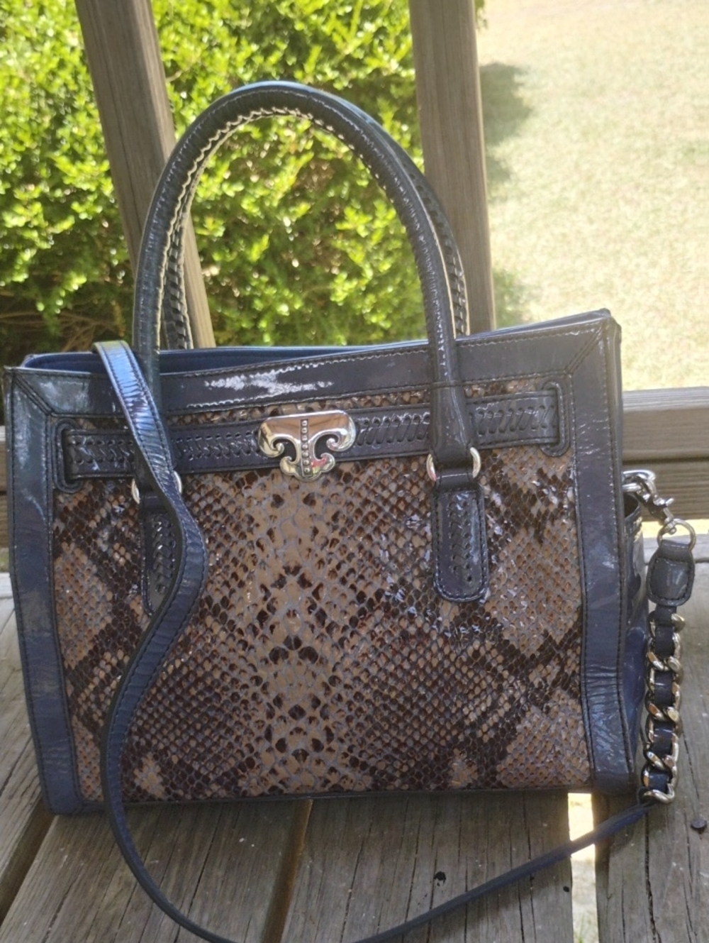 Brighton Snake-Print Leather Satchel Handbag in Faux Patent Leather